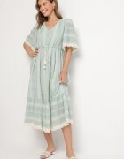 rosa Rochie mentă de bumbac boho cu croială evazată cu șnur și broderie Korithira
