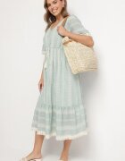 rosa Rochie mentă de bumbac boho cu croială evazată cu șnur și broderie Korithira