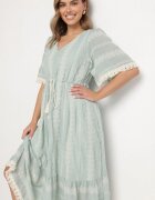 rosa Rochie mentă de bumbac boho cu croială evazată cu șnur și broderie Korithira