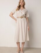 rosa Rochie Midi Bej de bumbac cu elastic în talie și curea cu cataramă Daylia
