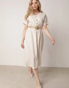rosa Rochie Midi Bej de bumbac cu elastic în talie și curea cu cataramă Daylia