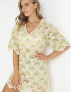 rosa Rochie Mini Cutie Bej-Verde cu Decolteu Adânc din Bumbac Croșetat Cristel
