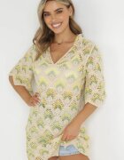 rosa Rochie Mini Cutie Bej-Verde cu Decolteu Adânc din Bumbac Croșetat Cristel