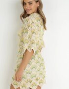rosa Rochie Mini Cutie Bej-Verde cu Decolteu Adânc din Bumbac Croșetat Cristel