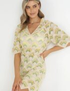 rosa Rochie Mini Cutie Bej-Verde cu Decolteu Adânc din Bumbac Croșetat Cristel