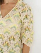 rosa Rochie Mini Cutie Bej-Verde cu Decolteu Adânc din Bumbac Croșetat Cristel