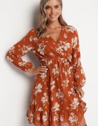 rosa Rochie Mini Maro Deschis cu Volan și Elastic în Talie Lisanor
