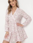 rosa Rochie Mini Roz-Albă Cloș cu motiv frunze și volan Eralia