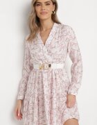 rosa Rochie Mini Roz-Albă Cloș cu motiv frunze și volan Eralia