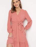 rosa Rochie Mini Roz din Țesătură Plumeti cu Dantelă și Curea din Material Difia