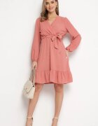 rosa Rochie Mini Roz din Țesătură Plumeti cu Dantelă și Curea din Material Difia