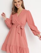 rosa Rochie Mini Roz din Țesătură Plumeti cu Dantelă și Curea din Material Difia
