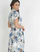 rosa Rochie Mini Tip Cămașă Albastră cu Curea din Material din Bumbac Imprimat Besana