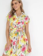 rosa Rochie Mini tip cămașă Galben-Albă cu Mânecă Scurtă și Curea din Material din Bumbac Jadia
