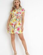 rosa Rochie Mini tip cămașă Galben-Albă cu Mânecă Scurtă și Curea din Material din Bumbac Jadia