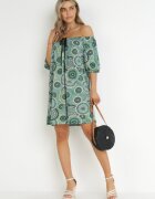 rosa Rochie Mini Verde cu Decolteu Spaniol și Nod Decorativ Yarelina
