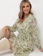 rosa Rochie Mini Verde deschisă cu elastic în talie și curea din material Matelyn