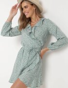 rosa Rochie Mini Verde Legată cu Volan la Decolteu Haikia