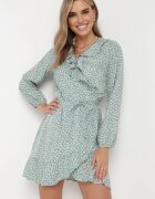 rosa Rochie Mini Verde Legată cu Volan la Decolteu Haikia