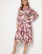 rosa Rochie mov petrecută cu model abstract cu elastic în talie și curea Zinnitaria