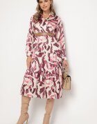rosa Rochie mov petrecută cu model abstract cu elastic în talie și curea Zinnitaria