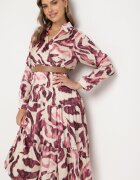 rosa Rochie mov petrecută cu model abstract cu elastic în talie și curea Zinnitaria