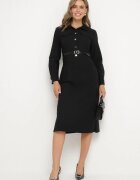 rosa Rochie Neagră cu croială tip cămașă cu o curea suplimentară și șlițuri la bază Arinnis