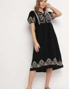 rosa Rochie Neagră De bumbac Boho Cu croi evazat Decorată cu broderie Lannivra
