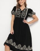 rosa Rochie Neagră De bumbac Boho Cu croi evazat Decorată cu broderie Lannivra