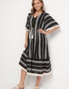 rosa Rochie Neagră din Bumbac Stil Boho cu Croi Evazat cu Legătură și Broderie Korithira