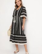 rosa Rochie Neagră din Bumbac Stil Boho cu Croi Evazat cu Legătură și Broderie Korithira
