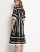 rosa Rochie Neagră din Bumbac Stil Boho cu Croi Evazat cu Legătură și Broderie Korithira