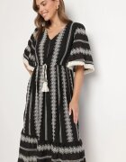 rosa Rochie Neagră din Bumbac Stil Boho cu Croi Evazat cu Legătură și Broderie Korithira