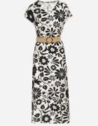 rosa Rochie neagră din viscoză croi evazat cu curea decorativă cu cataramă Zarolena