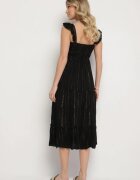 rosa Rochie Neagră din viscoză cu bretele decorată cu fir metalic Iffrisse
