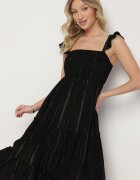 rosa Rochie Neagră din viscoză cu bretele decorată cu fir metalic Iffrisse