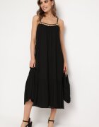 rosa Rochie Neagră din Viscoză cu Bretele Decorată cu Paiete și Fir Metalic Comalara