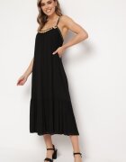 rosa Rochie Neagră din Viscoză cu Bretele Decorată cu Paiete și Fir Metalic Comalara