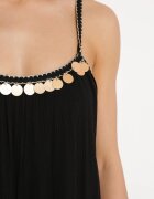 rosa Rochie Neagră din Viscoză cu Bretele Decorată cu Paiete și Fir Metalic Comalara