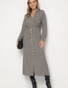 rosa Rochie Neagră din Viscoză cu model Pepită cu Decolteu petrecut și elastic în talie Vaivira