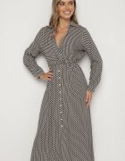 rosa Rochie Neagră din Viscoză cu model Pepită cu Decolteu petrecut și elastic în talie Vaivira