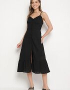 rosa Rochie neagră evazată cu bretele cu nasturi din viscoză Efrinelle