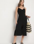 rosa Rochie neagră evazată cu bretele cu nasturi din viscoză Efrinelle