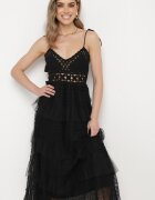 rosa Rochie Neagră Evazată cu Bretele Legate cu Top Croșetat cu Volane Meatia