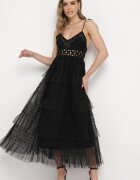rosa Rochie Neagră Evazată cu Bretele Legate cu Top Croșetat cu Volane Meatia