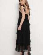 rosa Rochie Neagră Evazată cu Bretele Legate cu Top Croșetat cu Volane Meatia