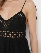 rosa Rochie Neagră Evazată cu Bretele Legate cu Top Croșetat cu Volane Meatia