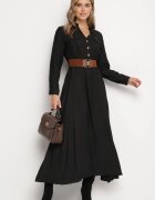 rosa Rochie Neagră Evazată Tip cămașă cu curea și elastic în talie Zinavie