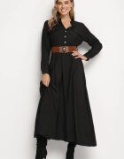 rosa Rochie Neagră Evazată Tip cămașă cu curea și elastic în talie Zinavie