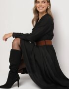 rosa Rochie Neagră Evazată Tip cămașă cu curea și elastic în talie Zinavie